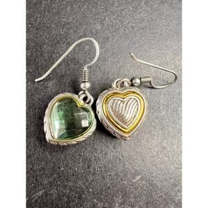 Vintage 90s Sterling Silver Green Glass Heart Earrings Gold Accent 925 Dangle